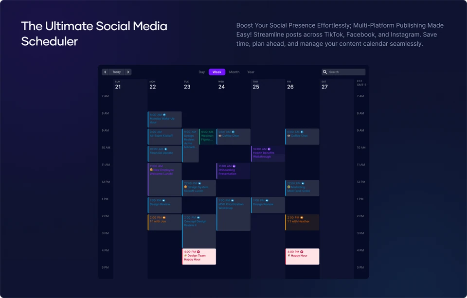 HelpMeGrow social media scheduler with a weekly calendar of planned content