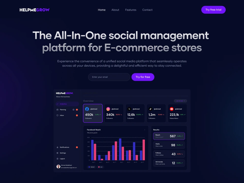 HelpMeGrow landing page design: the social-management promise, email signup, and product dashboard