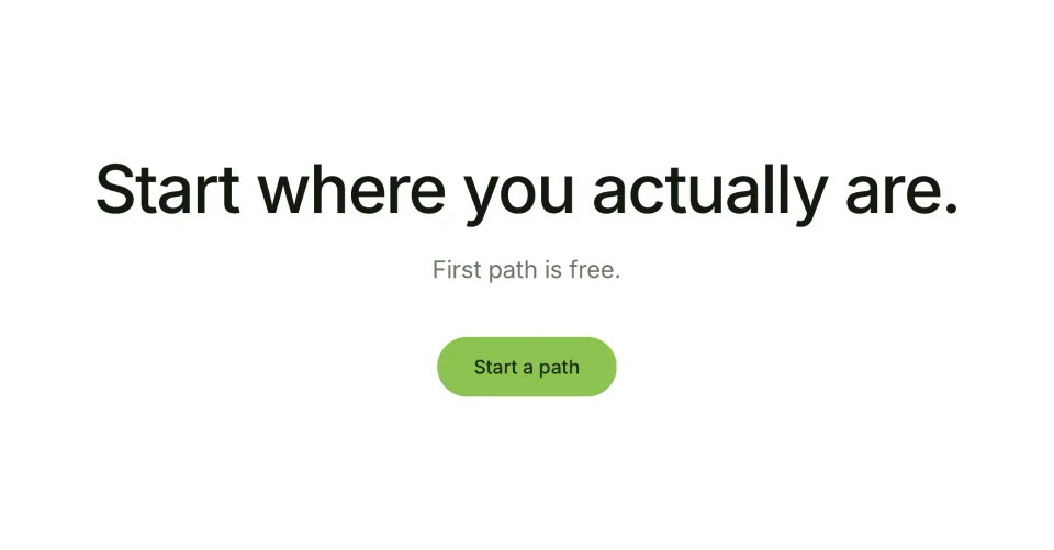 Quillo landing-page closing section: Start where you actually are, First path is free, and the Start a path button