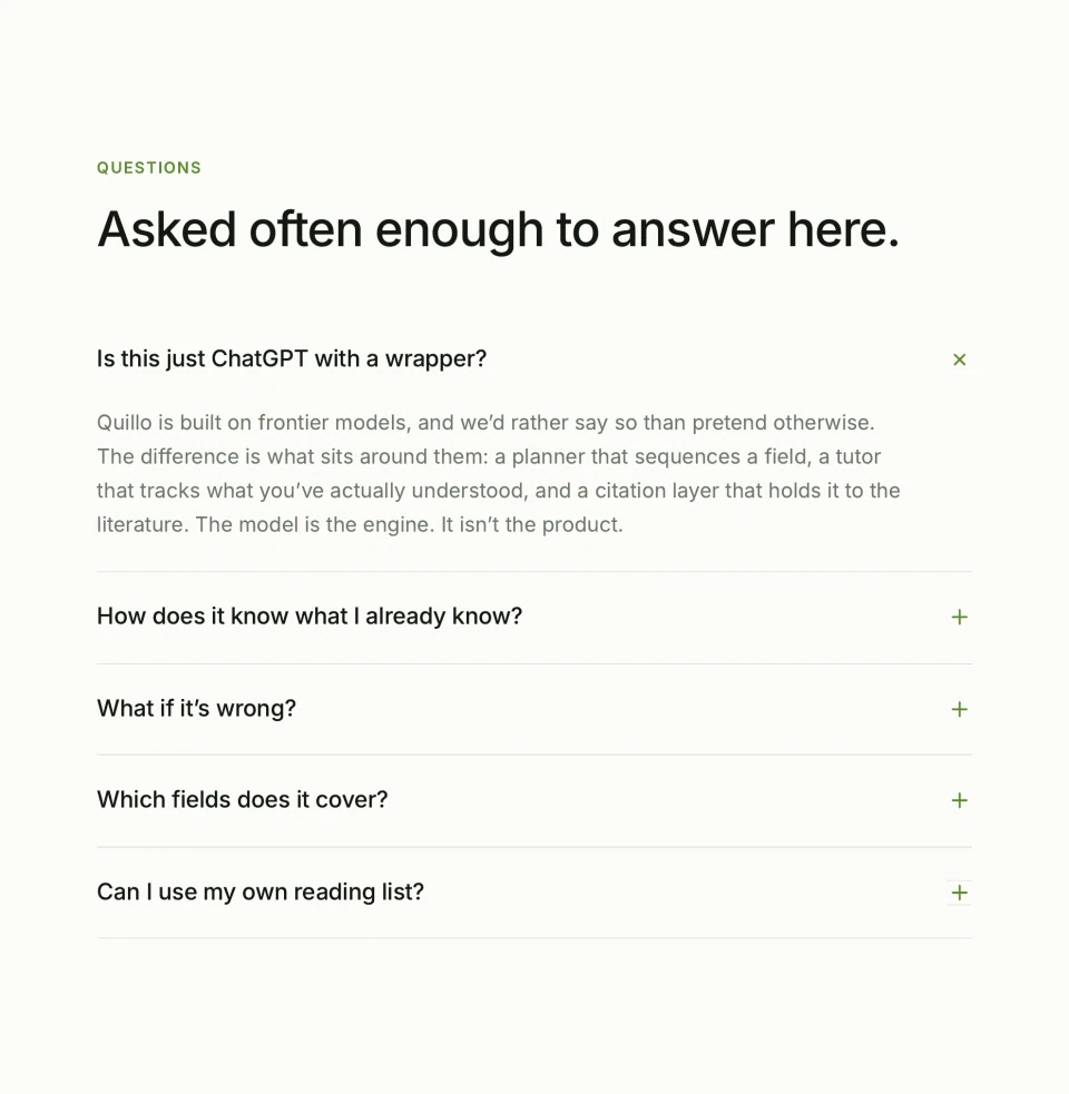 Quillo landing-page Questions section, with the ChatGPT-wrapper answer expanded and four further FAQ questions