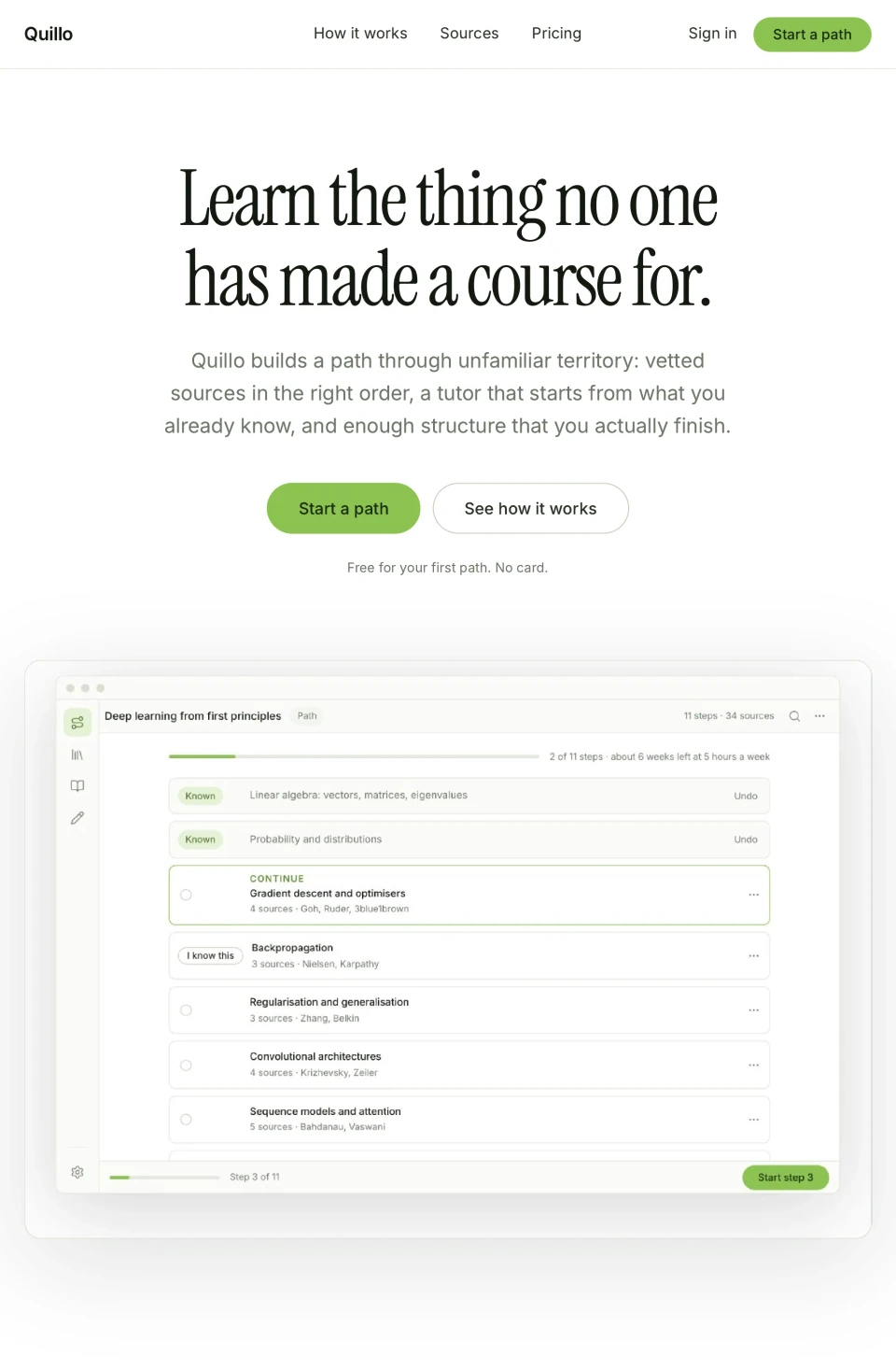 Quillo landing-page opening with navigation, headline, supporting copy, calls to action, and the framed visual below
