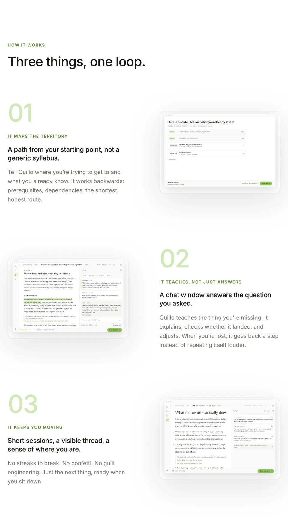 Quillo landing-page How it works section: Three things, one loop, followed by three alternating rows of explanatory copy and framed visuals