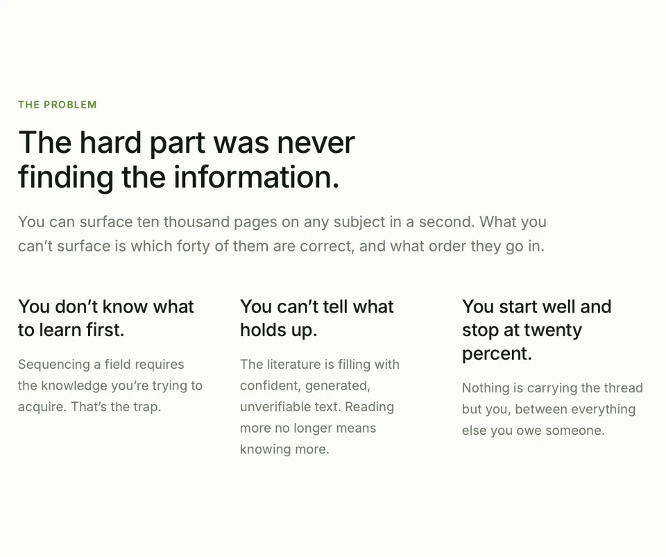 Quillo landing-page Problem section, with its headline, introduction, and three columns of learner frustrations